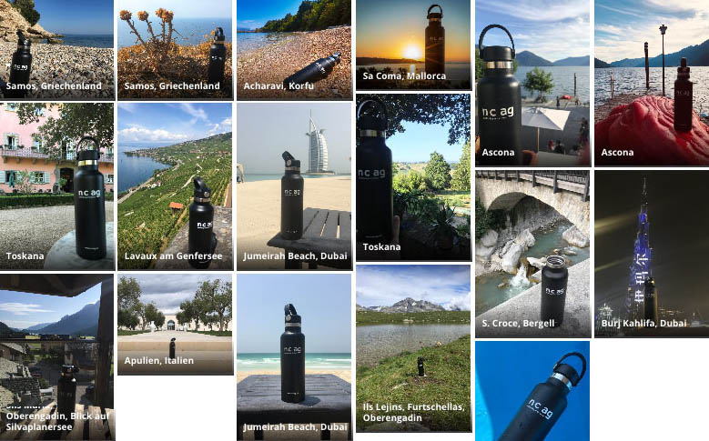 Eine Collage der nc ag Wasserflasche an verschiedenen Reisezielen, aufgenommen von Kunden und Mitarbeitern - n c ag