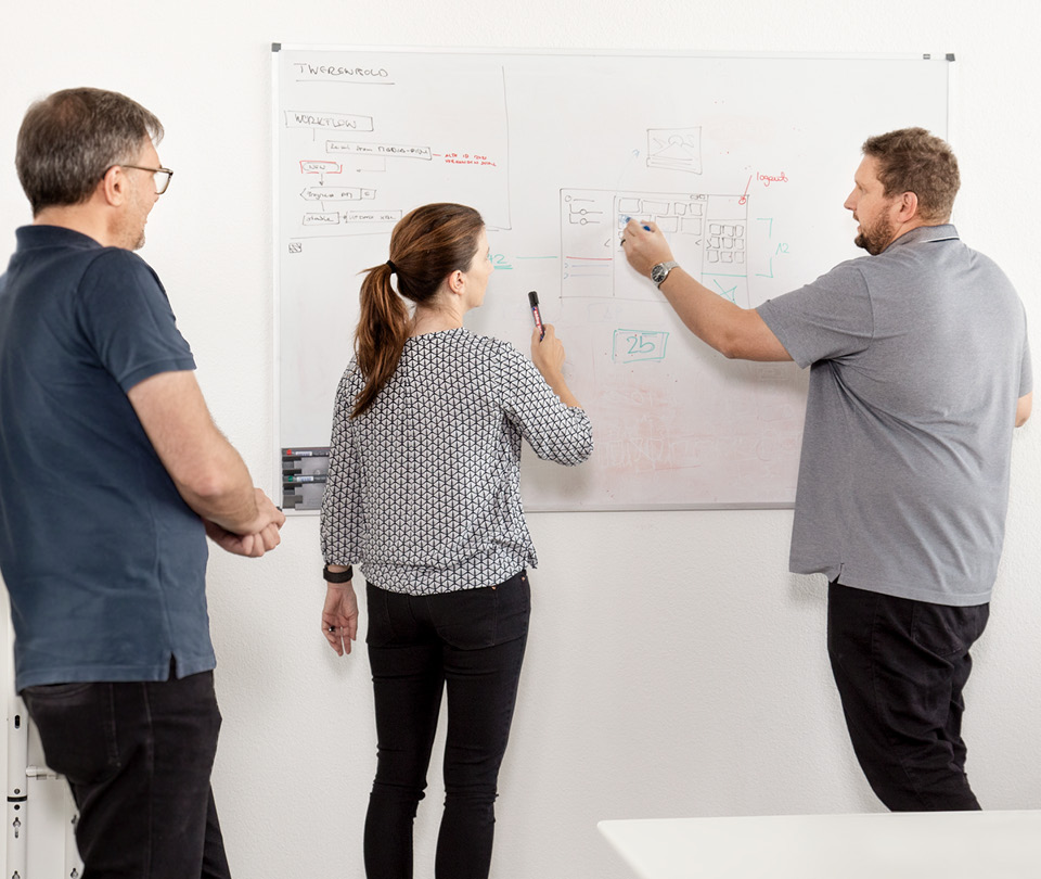 Group shot of developers and project managers discussing, symbolic of the development of software solutions - n c ag